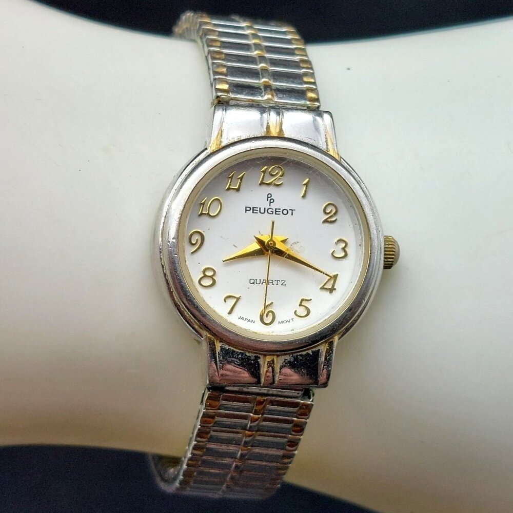 Peugeot Ladies Two-Tone Quartz Watch Japan Movt Stretch Band Runs Great